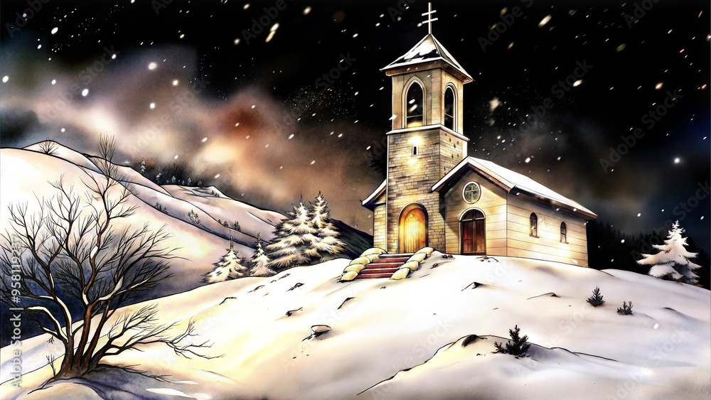 Naklejka premium Serene winter church illuminated at night against snowy landscape