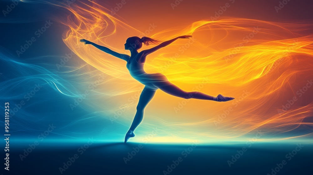 Emerald, sapphire, and ruby hues are incorporated into an intricate paisley pattern overlaid onto a silhouette of a dancer in motion Emerald, sapphire, and ruby hues are incorporated into an intricate paisley pattern overlaid onto a silhouette of a dancer in motion