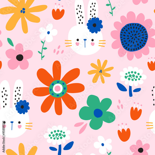 Childish seamless pattern with cute bunny and flowers. Kids repeated print with rabbit and botanical elements. Vector illustration