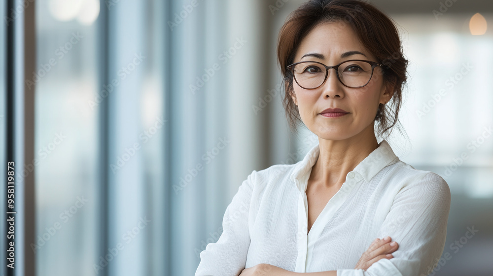 オフィスで腕組みして挑戦的な表情をしている日本人の中年女性、背景おしゃれなオフィスのボケ、日本の企業戦士 50代 60代