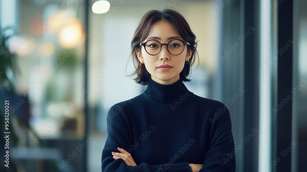 オフィスで腕組みして挑戦的な表情をしている日本人の中年女性、背景おしゃれなオフィスのボケ、日本の企業戦士 30代 20代