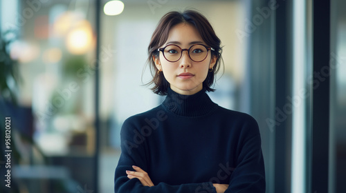Obraz na płótnie オフィスで腕組みして挑戦的な表情をしている日本人の中年女性、背景おしゃれなオフィスのボケ、日本の企業戦士 30代 20代 w salonie