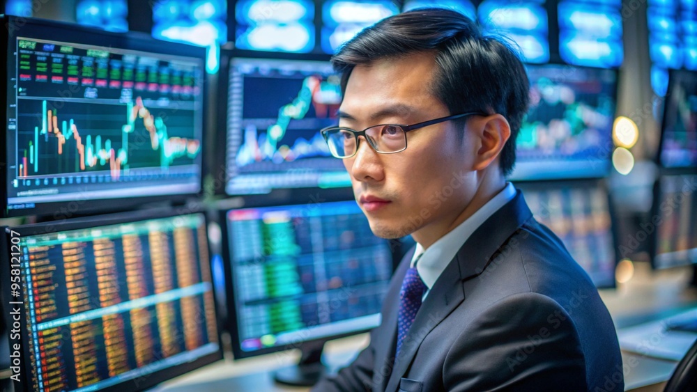Focused asia professional examining complex financial markets on high-tech screens. Intensity of stock trading. Concept of market analysis, trading floor activity, investment management, financial in Focused asia professional examining complex financial markets on high-tech screens. Intensity of stock trading. Concept of market analysis, trading floor activity, investment management, financial in