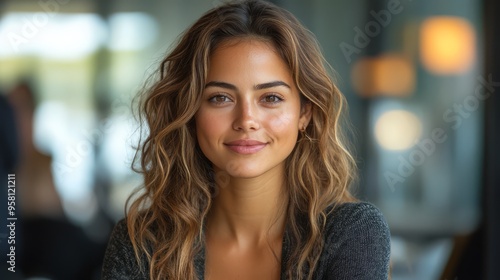 Hispanic young woman cheerfully organizing files in a tidy  well-decorated office space