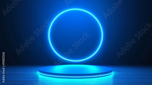 Blue background. 3d podium stage, empty platform in neon light, abstract display or circle studio product pedestal. Shop promotion backdrop with glowing showcase. Vector night scene