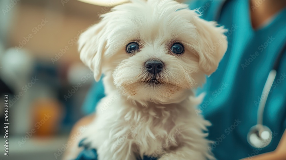White Maltese puppy dog getting a vaccine at the veterinary doctor,Vet examining dog,Puppy lying on the examination table,veterinarian doing injection by syringe to it,sick,Health care. White Maltese puppy dog getting a vaccine at the veterinary doctor,Vet examining dog,Puppy lying on the examination table,veterinarian doing injection by syringe to it,sick,Health care.