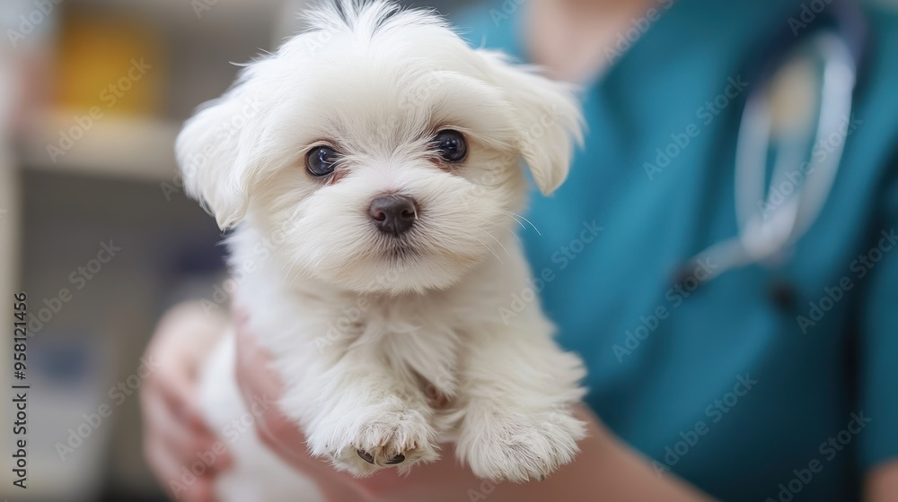 White Maltese puppy dog getting a vaccine at the veterinary doctor,Vet examining dog,Puppy lying on the examination table,veterinarian doing injection by syringe to it,sick,Health care. White Maltese puppy dog getting a vaccine at the veterinary doctor,Vet examining dog,Puppy lying on the examination table,veterinarian doing injection by syringe to it,sick,Health care.