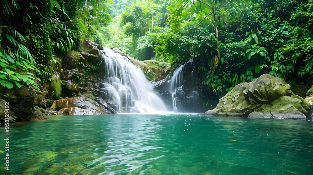 A waterfall is flowing into a pool of water in a lush green forest ...