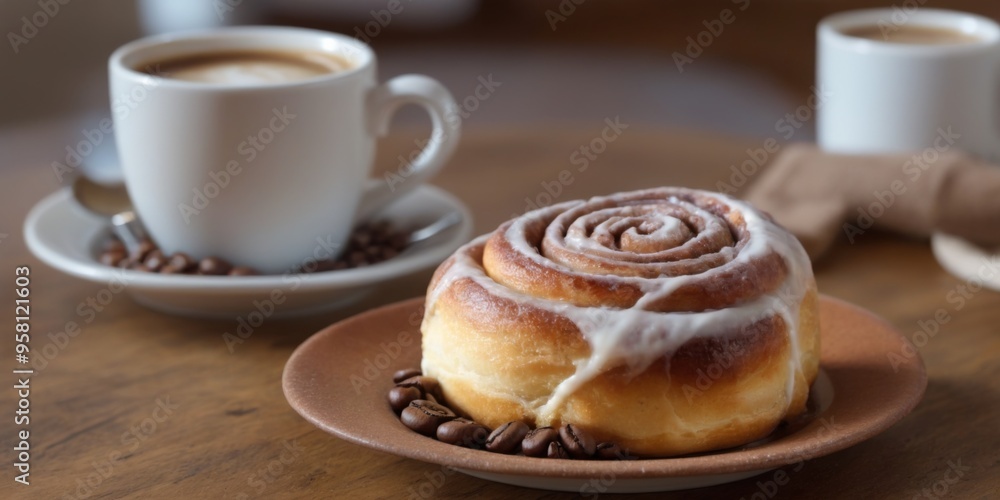 Freshly Baked Cinnamon Roll with Coffee Beans on White Plate, Go Freshly Baked Cinnamon Roll with Coffee Beans on White Plate, Go