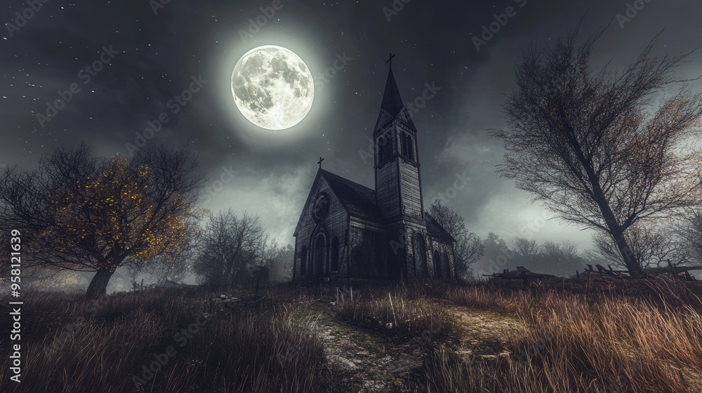 This abandoned church is eerie with the full moon shining through the windows on a spooky Halloween night This abandoned church is eerie with the full moon shining through the windows on a spooky Halloween night