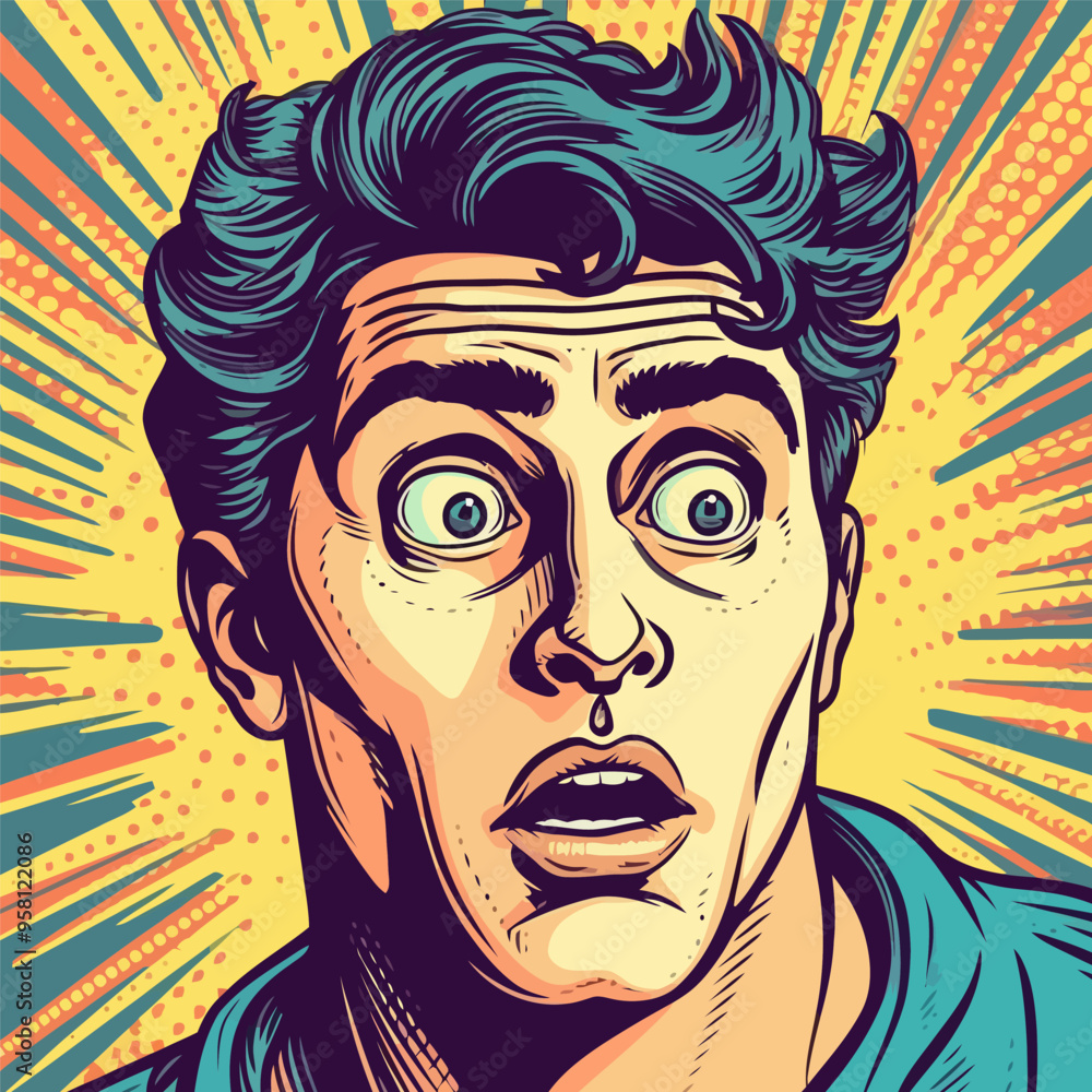 Face of an admiring or surprised young man. Retro pop art comic style. Vector illustration. Face of an admiring or surprised young man. Retro pop art comic style. Vector illustration.