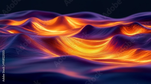 On a colorful background, abstract waves with moving particles form a futuristic double wave in digital cyberspace.