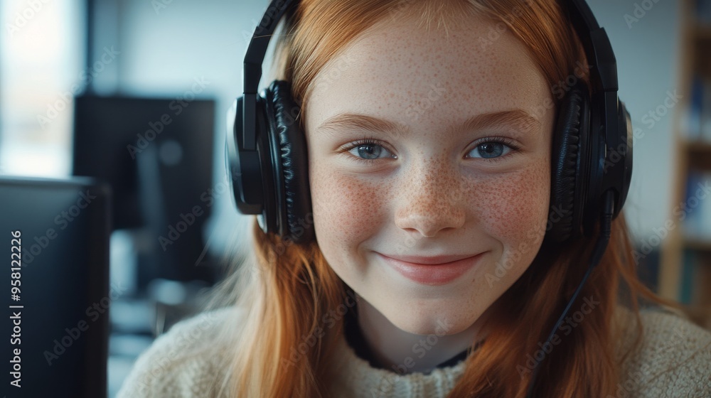 The smiling face of a young girl with headphones is learning on a computer in a modern classroom. The smiling face of a young girl with headphones is learning on a computer in a modern classroom.