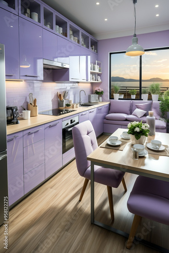 Contemporary kitchen with lavender cabinetry, cozy seating by the window, and soft natural light illuminating the dining area.