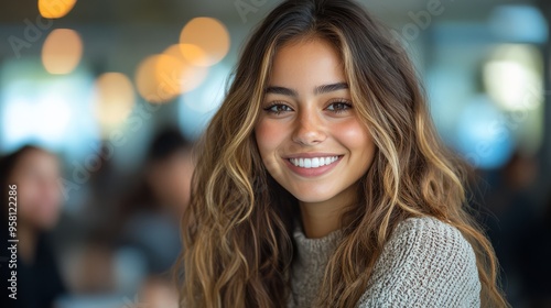 Hispanic young woman happily collaborating with colleagues around a conference table, sharing ideas and laughing