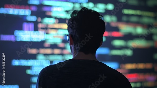 Silhouette of a person in front of a colorful digital display