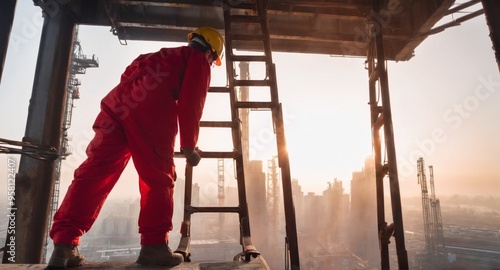 Construction worker on scaffolding building site.