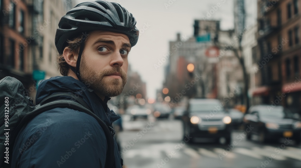 In the late afternoon, a cyclist wears a helmet and blue jacket as he makes a U-turn at a city intersection. In the late afternoon, a cyclist wears a helmet and blue jacket as he makes a U-turn at a city intersection.