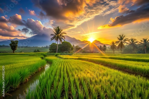 Green rice field in fresh morning with sun rising behind mountain photo