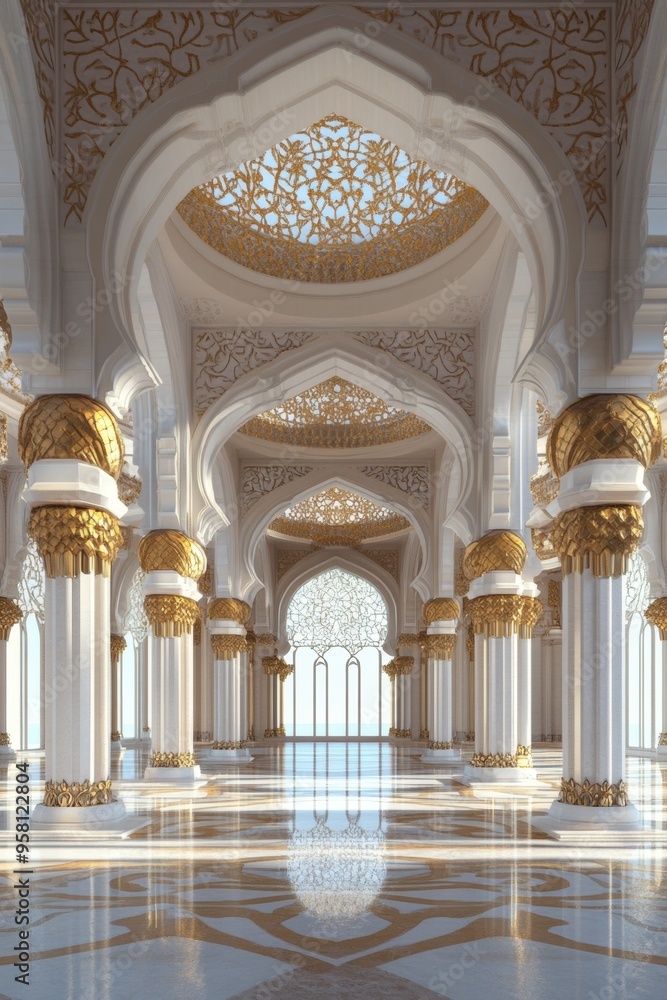 Embraced with arches and columns, this beautifully decorated mosque hallway is long and beautiful Embraced with arches and columns, this beautifully decorated mosque hallway is long and beautiful