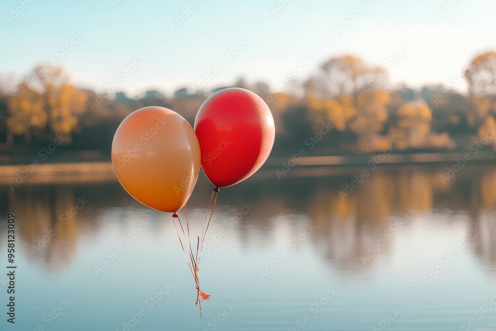 A peaceful reflection on a quiet lake is embellished with festive balloons A peaceful reflection on a quiet lake is embellished with festive balloons