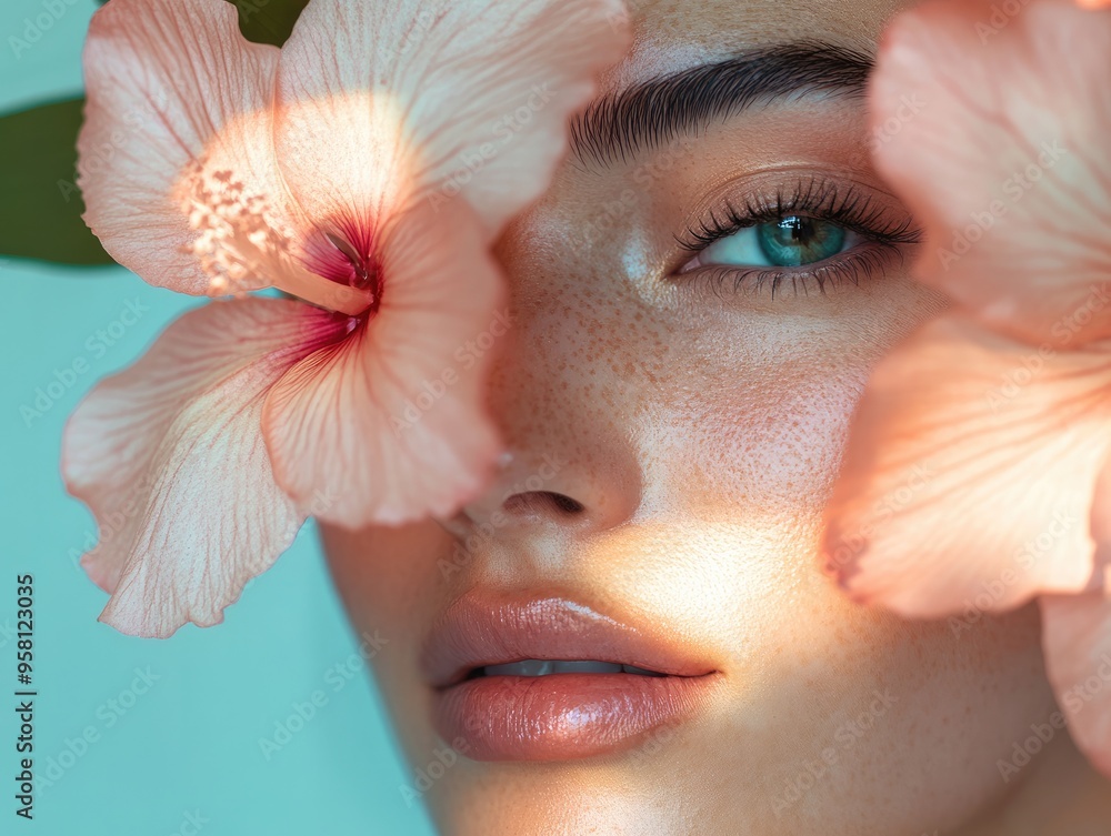 Closeup of Woman with Makeup and Flowers on Her Face Closeup of Woman with Makeup and Flowers on Her Face