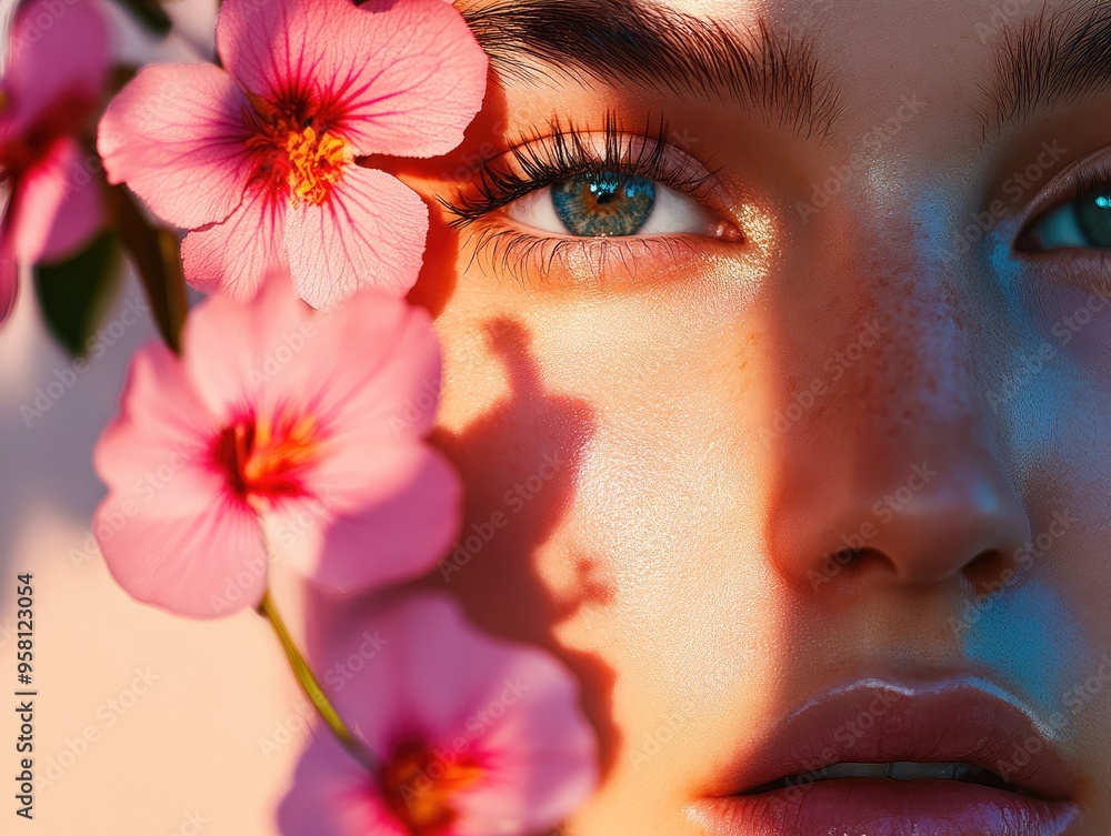 Closeup of Woman with Makeup and Flowers on Her Face Closeup of Woman with Makeup and Flowers on Her Face