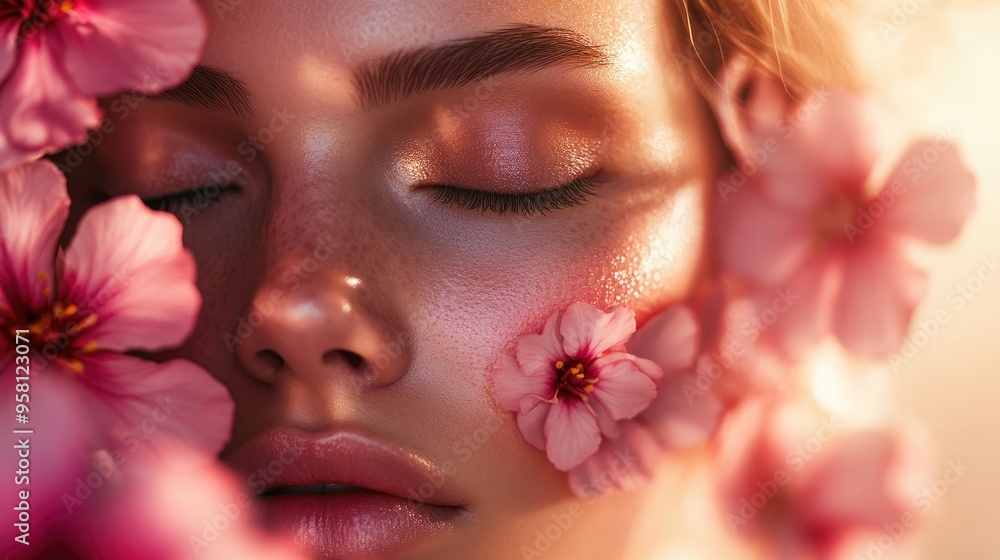 Closeup of Woman with Makeup and Flowers on Her Face Closeup of Woman with Makeup and Flowers on Her Face