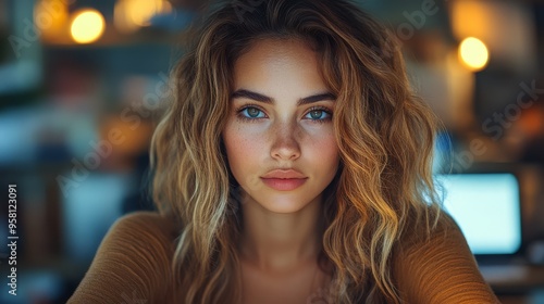 Hispanic young woman working late in an office, focused on her tasks with a determined expression