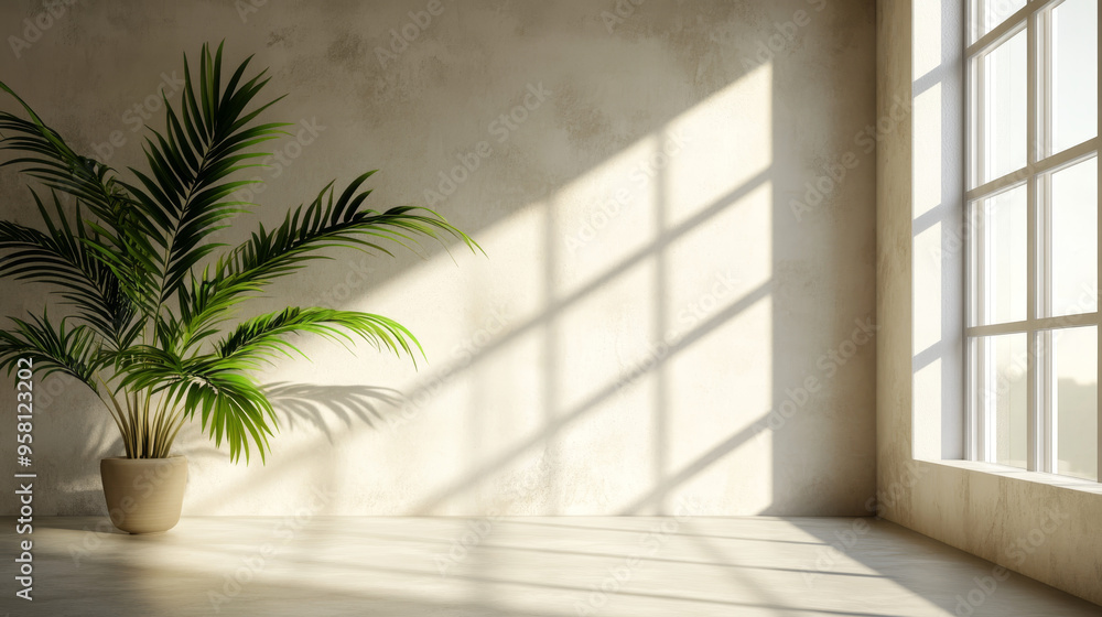 A sleek, modern room with lots of natural light. The sun shines through a window, creating a shadow from a palm leaf on the bare, industrial wall. A sleek, modern room with lots of natural light. The sun shines through a window, creating a shadow from a palm leaf on the bare, industrial wall.
