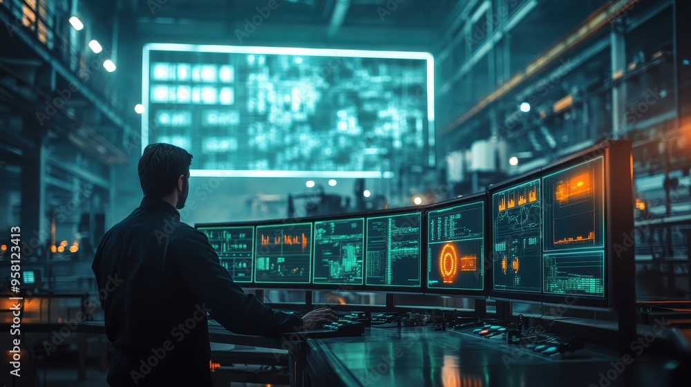 Technician Monitoring Multiple Computer Screens in High-Tech Industrial Control Room with Digital Displays Technician Monitoring Multiple Computer Screens in High-Tech Industrial Control Room with Digital Displays