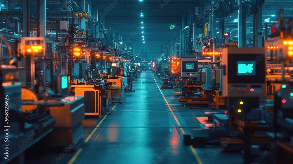 Modern Industrial Factory Interior with Advanced Machinery and Automated Production Lines at Night Modern Industrial Factory Interior with Advanced Machinery and Automated Production Lines at Night