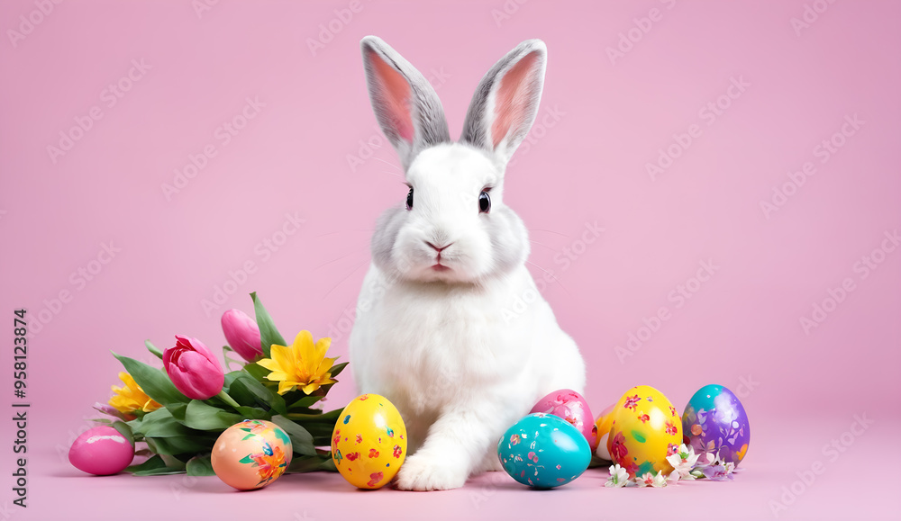 Easter painted eggs and rabbit on pink Easter painted eggs and rabbit on pink