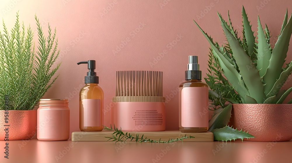 Individual skincare tools such as a bamboo comb, a facial spray bottle, a small jar of body butter, and some aloe vera leaves, each positioned separately without any connecting Individual skincare tools such as a bamboo comb, a facial spray bottle, a small jar of body butter, and some aloe vera leaves, each positioned separately without any connecting
