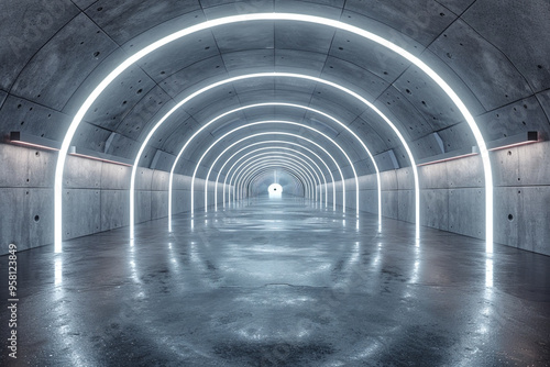 A sleek, spacious underground showroom with a glossy concrete finish, white strip lighting, and a dark, grungy ambiance is depicted in this 3D rendering of a big hall, tunnel, and corridor 