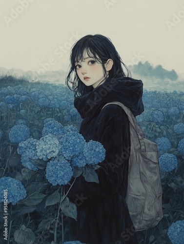 The maki-e artwork features a young woman standing in a vast field of blue flowers under an overcast sky. She is dressed in a dark, oversized coat and holds a large bouquet of the same blue flowers  photo