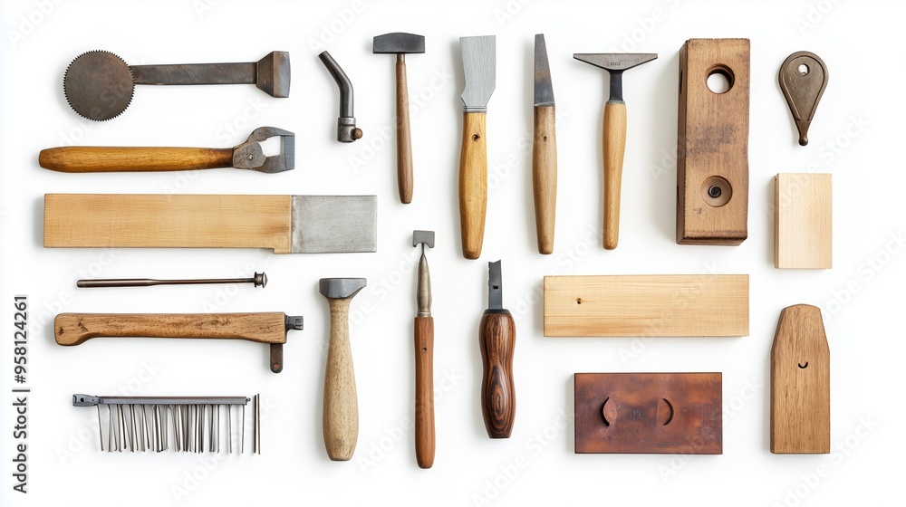 A variety of woodworking tools displayed on a white background, featuring hand tools, measuring instruments, and carpentry accessories A variety of woodworking tools displayed on a white background, featuring hand tools, measuring instruments, and carpentry accessories