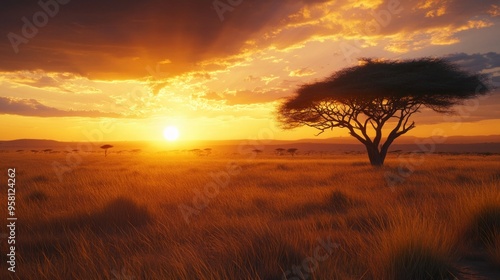 Golden Sunset Over Savanna with a Solitary Tree