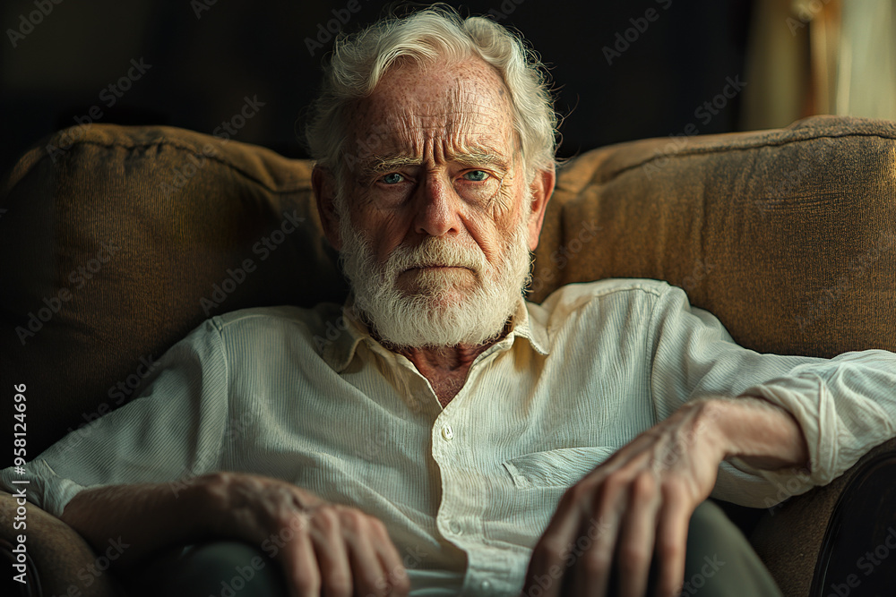 Older man looking at camera, very serious, resting in armchair. Older man looking at camera, very serious, resting in armchair.
