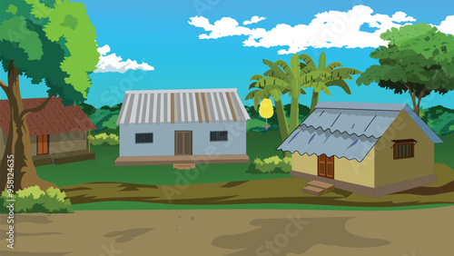 Cartoon village background copyright free.Tin shade house beside road
.Rural Bangladeshi village art
