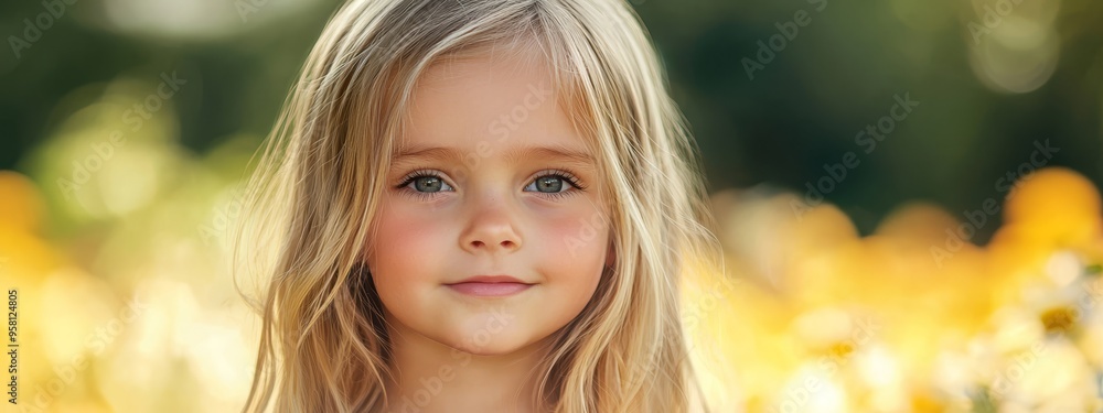 A child's face, tightly framed by flowers in foreground, trees in distant background A child's face, tightly framed by flowers in foreground, trees in distant background