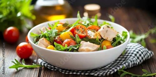 This aromatic chicken salad with cherry tomatoes and arugula is a great salad recipe, and a healthy meal too. Cooking photography, food styling, chicken salad recipe all in one.