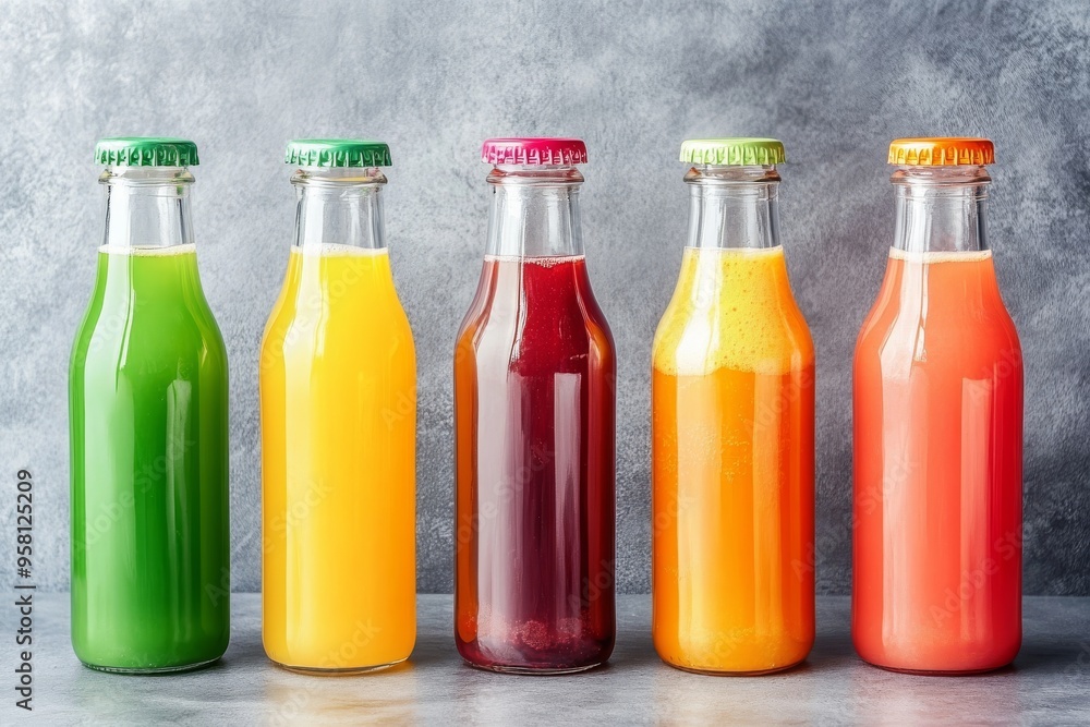 There are five colorful glass bottles lined up on a table filled with different fruit juices. There are five colorful glass bottles lined up on a table filled with different fruit juices.
