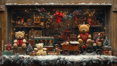 Christmas toys are displayed in a shop window, creating a festive atmosphere