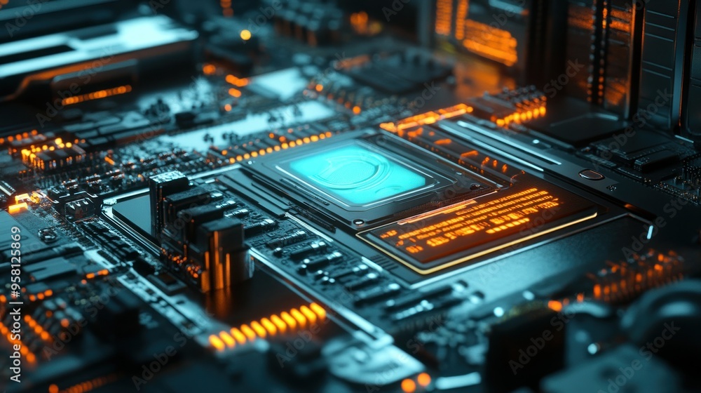 Close-up of a computer motherboard with a glowing blue processor chip Close-up of a computer motherboard with a glowing blue processor chip