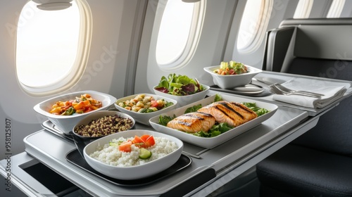 A vibrant, nutrient-packed airplane meal with colorful vegetables, whole grains, and grilled fish, served on a modern tray