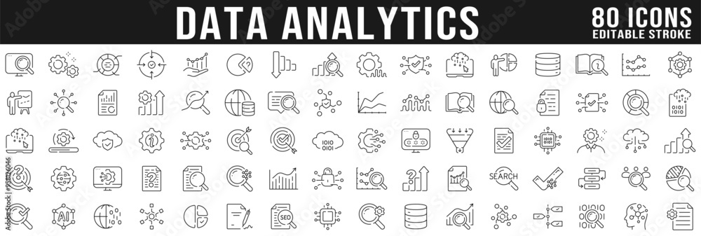 © tutti_frutti - Big set of data analysis line icons. Graph, search, network, cloud, database etc. Editable stroke. © tutti_frutti - Big set of data analysis line icons. Graph, search, network, cloud, database etc. Editable stroke.