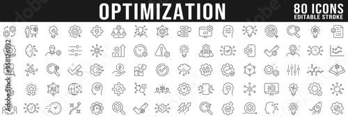 Big set of optimization related line icons. Process, automation, productivity etc. Editable stroke.