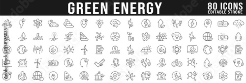 Big set of green energy line icons. Eco, power, solar, leaf, plant etc. Editable stroke