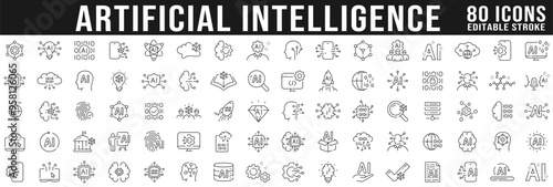 Big set of artificial intelligence line icons. Technology, ai, digital, brain, chip etc. Editable stroke